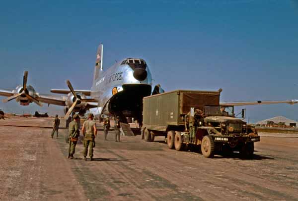 C-124 unloading truck trailer somewhere in Vietnam